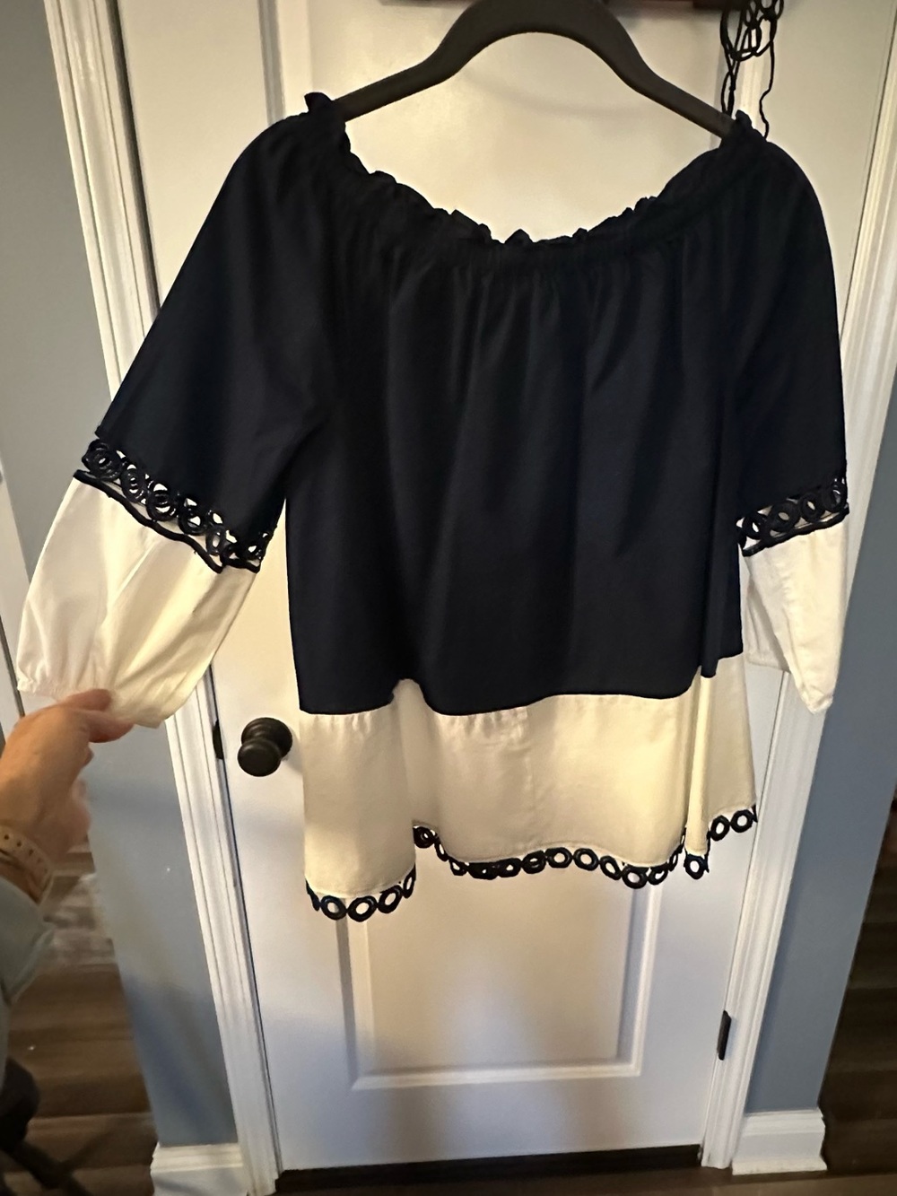 crown & ivy Navy and Cream Off-Shoulder Colorblock Tunic